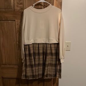 Cream and Brown Plaid Dress